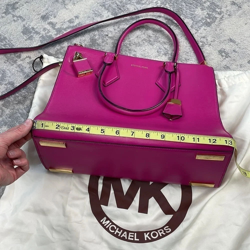 Michael Kors Collection Casey Large Leather Satchel Purse Padlock Bright Pink